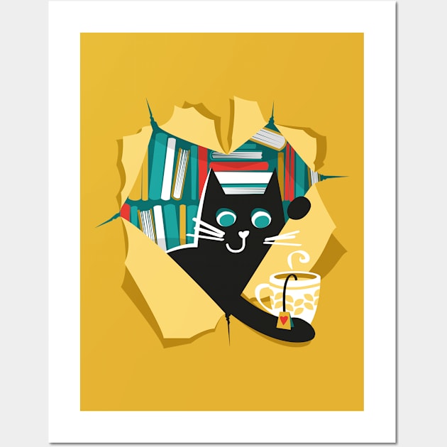 Bookish cat // black cat with tea mug teal neon red white and yellow books Wall Art by SelmaCardoso